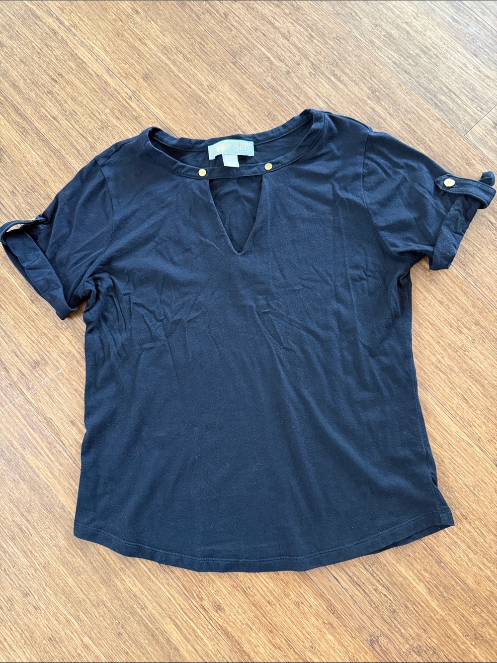 Michael Kors Black Short-Sleeve Keyhole Tee with Gold Button Tabs
